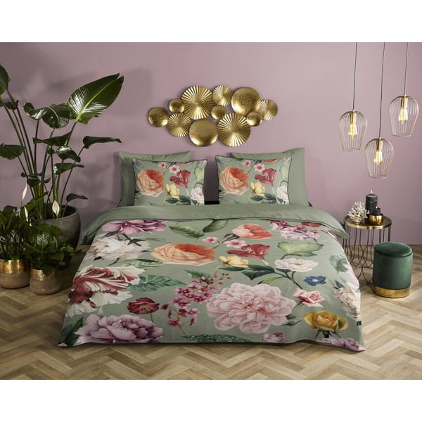 Зелено двойно удължено спално бельо от памучен сатен 200x220 cm Fiori – Descanso-image-1