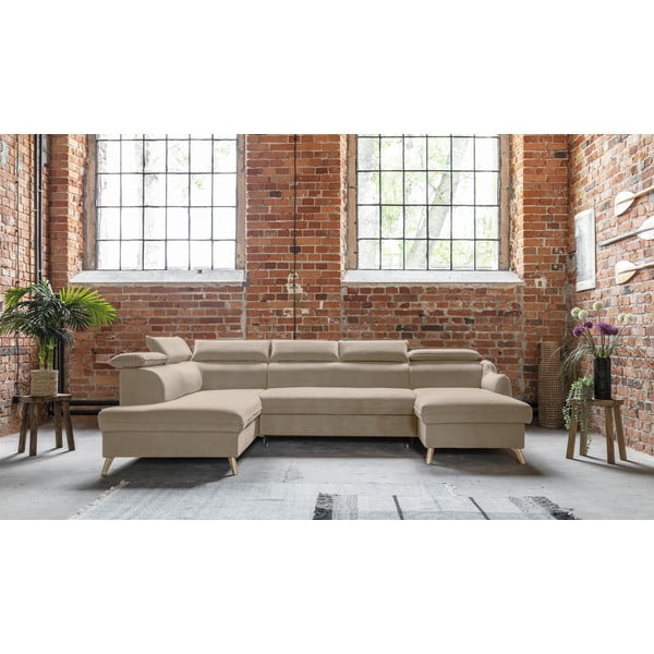 Бежов кадифен ъглов разтегателен диван във формата "U" (ляв ъгъл) Sweet Harmony - Miuform-image-1