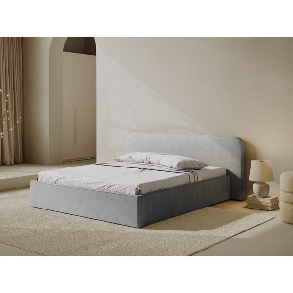 Светлосиво двойно тапицирано легло с място за съхранение с включена подматрачна рамка 200x200 cm Elizabeth – Micadoni -image-1