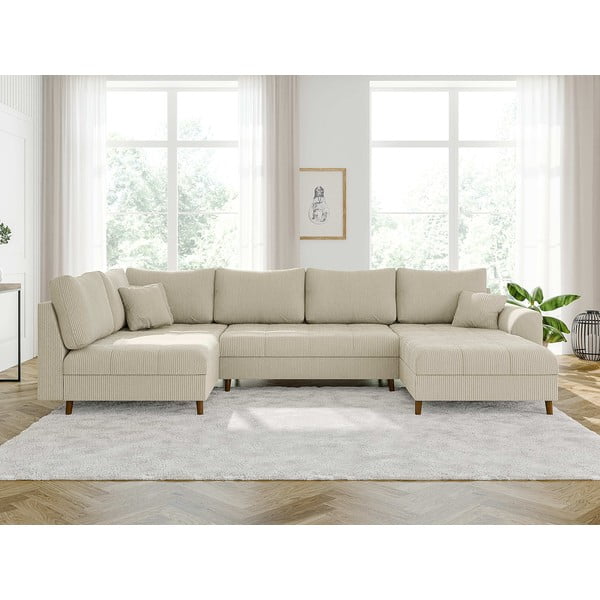 Кремав ъглов диван от рипсено кадифе (десен ъгъл/"U" форма) Ariella – Ropez-image-1
