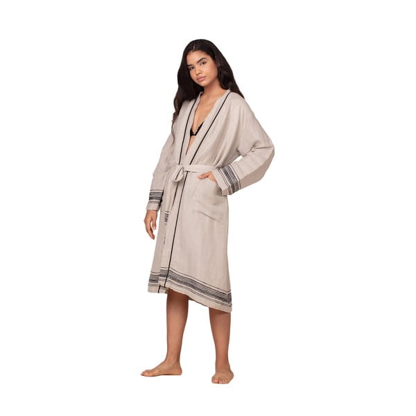 Бежов дамски халат от смес от лен и памук, размер L/XL Marl - Foutastic