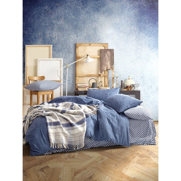 Комплект тъмносиньо спално бельо с чаршаф и покривка за легло Памучна кутия , 200 x 220 cm Denim - Mijolnir