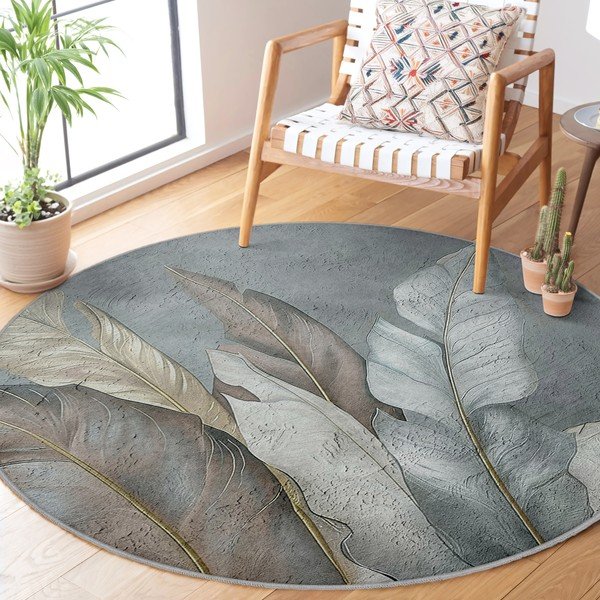 Зелено-сив кръгъл килим подходящ за пране ø 150 cm Dusty Leaves – Mila Home-image-2