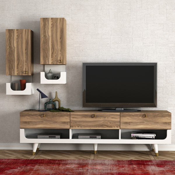 Комплект от скрин за телевизор и стенни шкафове от орехово дърво Rea - Tera Home