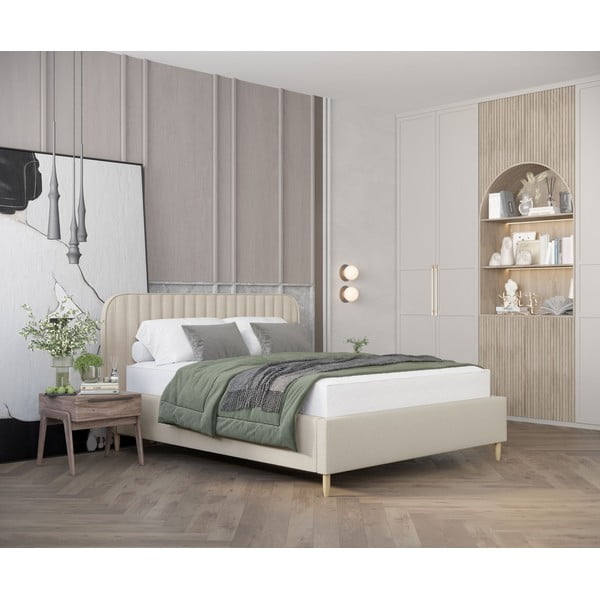 Бежово единично легло 120x200 cm тапицирано с място за съхранение с включена подматрачна рамка Noto – Maison de Rêve-image-1