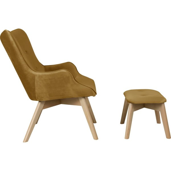 Кадифен фотьойл с табуретка горчица Niko – Ropez-image-3