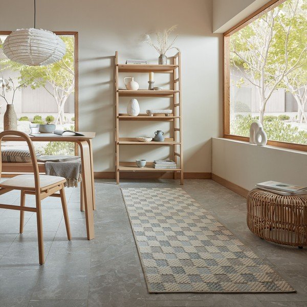 Синя пътека със смес от памук подходяща за пране 80x230 cm Muted Checkerboard – Flair Rugs-image-1