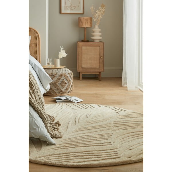 Бежов вълнен кръгъл килим ø 160 cm Leaf - Flair Rugs-image-4
