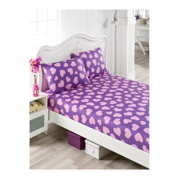Mulena Punteja комплект от единичен чаршаф и 2 калъфки за възглавници от памук в лилаво и розово, 100 x 200 cm - Mijolnir