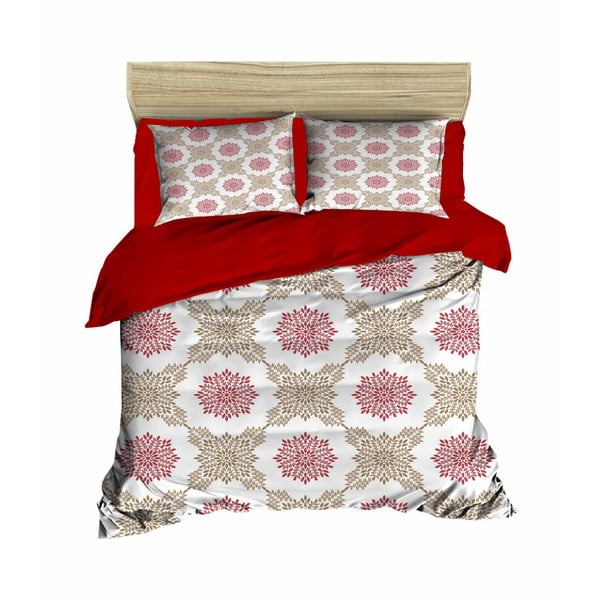 Червено и бежово сатенено удължено спално бельо за двойно легло 200x220 cm - Mijolnir