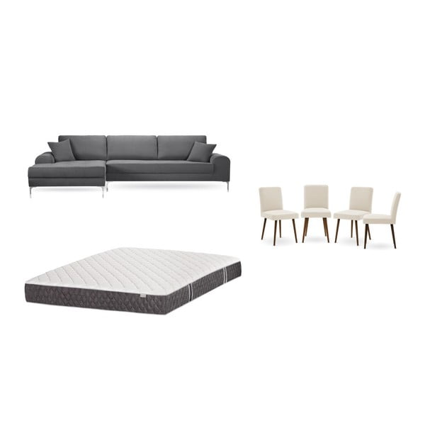 Комплект от сив диван с шезлонг вляво, 4 кремави стола и матрак 160 x 200 cm - Home Essentials