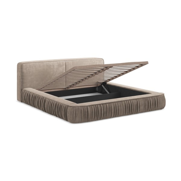 Бежово тапицирано двойно легло с място за съхранение и решетка 160x200 cm Keoni - Makamii-image-3