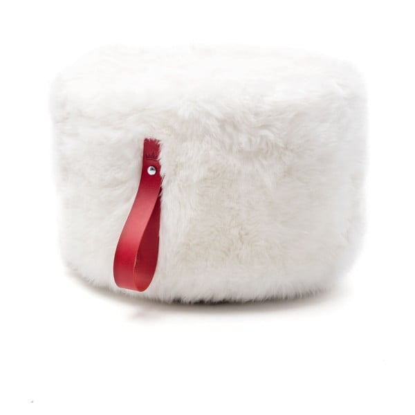 Bílý puf z ovčí kožešiny s červeným poutkem Royal Dream, Ø 60 cm
