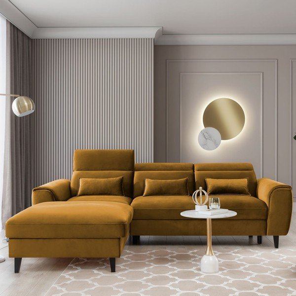 Жълт кадифен разтегателен ъглов диван с място за съхранение (ляв ъгъл) Foble – ELTAP-image-1