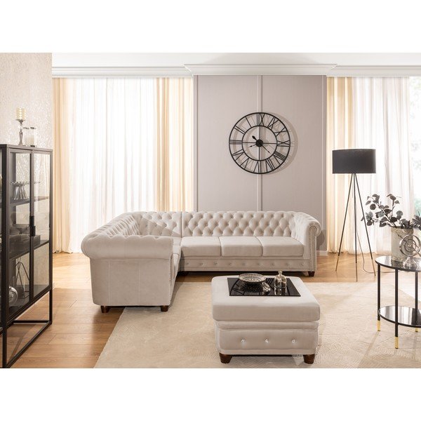 Бежов кадифен сгъваем ъглов диван (ляв ъгъл/L форма) York Blik – Ropez-image-4