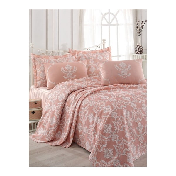 Памучна покривка за двойно легло в сьомгово розово с чаршаф и калъфки за възглавници Anna, 200 x 235 cm Pure - Mijolnir