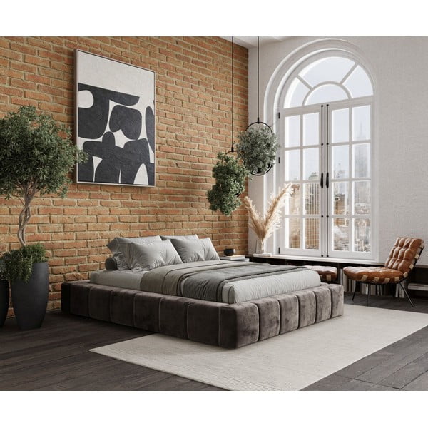 Кафяво тапицирано двойно легло с място за съхранение с включена подматрачна рамка 200x200 cm Aruba L – Maison de Rêve-image-1