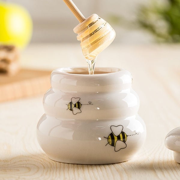 Керамичен буркан за мед с капак и дървен черпак Мед - Just Mustard