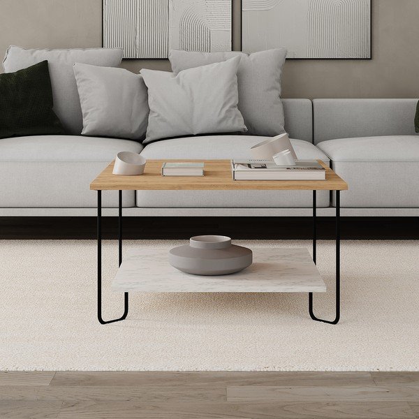 Масичка за кафе с плот от дъб с декор в бял и естествен цвят 80x80 cm Tonka - Marckeric-image-4