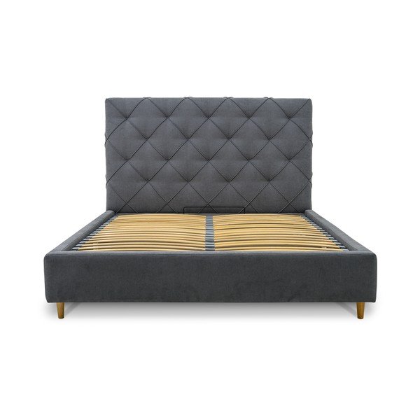 Сиво тапицирано двойно легло с място за съхранение с включена подматрачна рамка 160x200 cm Bee – Scandic-image-3