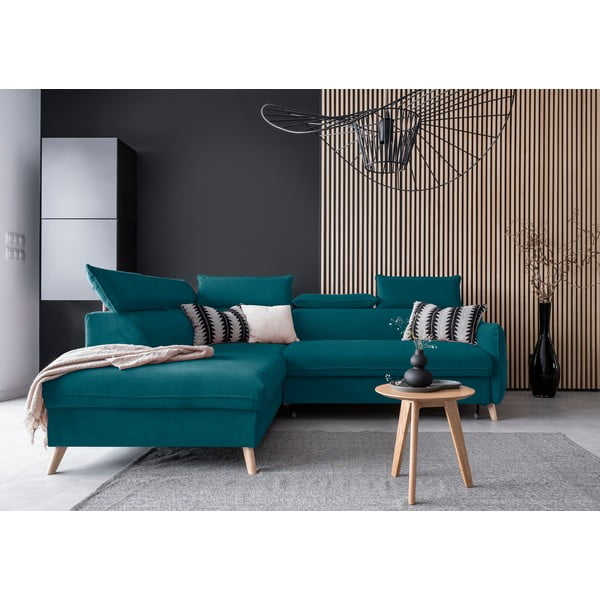 Ъглов разтегателен диван от тюркоазено кадифе (ляв ъгъл) Sweet Harmony - Miuform-image-1