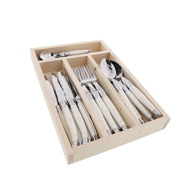 Комплект бели прибори за хранене от 24 части в дървена кутия за прибори за хранене - Jean Dubost