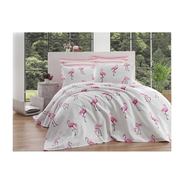 Бяла лека памучна покривка за единично легло Фламинго,140 x 200 cm - Mijolnir