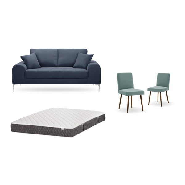 Комплект от двуместен тъмносин диван, 2 сиво-зелени стола и матрак 140 x 200 cm - Home Essentials