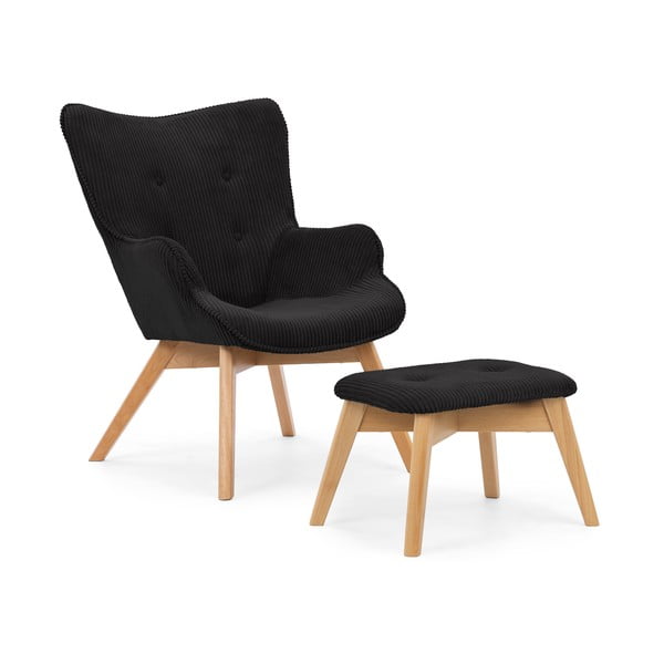 Черен фотьойл с табуретка от рипсено кадифе Niko – Ropez
