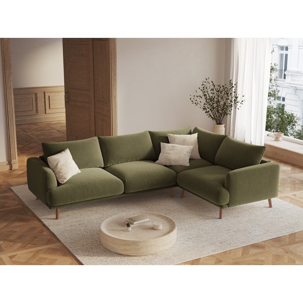 Зелен кадифен ъглов диван (десен ъгъл/L форма) Naomi – Micadoni -image-1