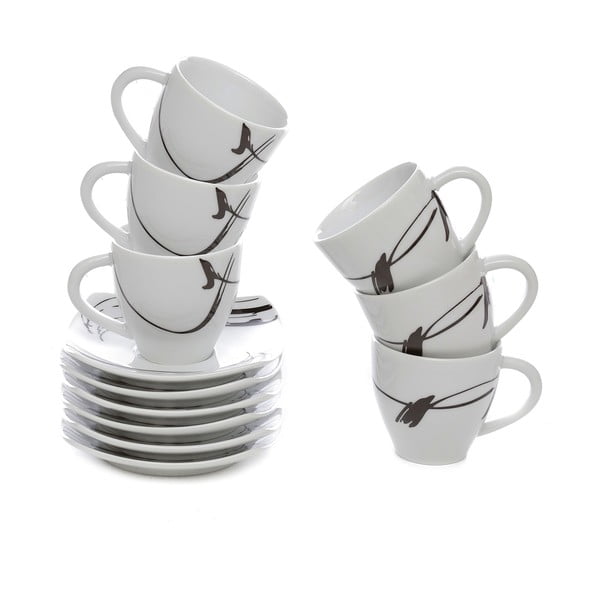 Комплект от 6 порцеланови чаши за кафе с чинийки Leila Black - Kasanova