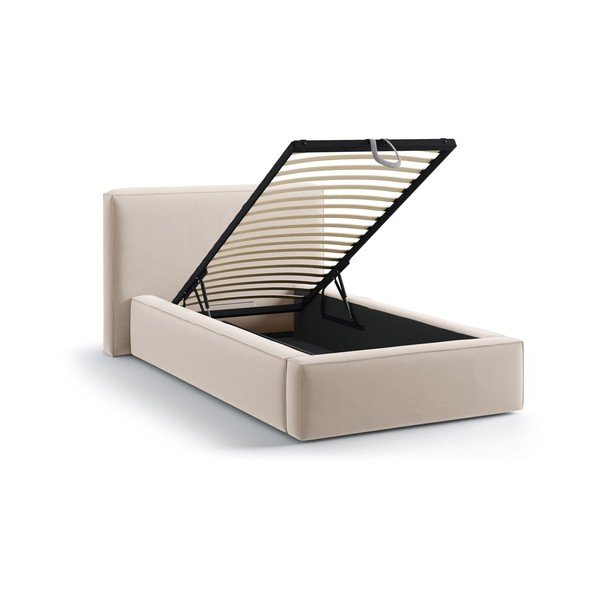 Бежово единично легло 90x200 cm тапицирано с място за съхранение с включена подматрачна рамка Jodie – Micadoni -image-1