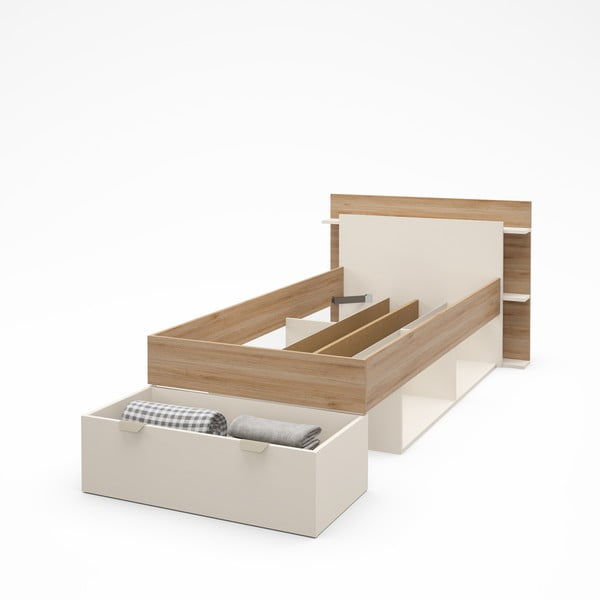 Бяло-естествено единично легло 90x200 cm от декор от дъб  с място за съхранение без ламелно дъно Albo – Marckeric-image-4