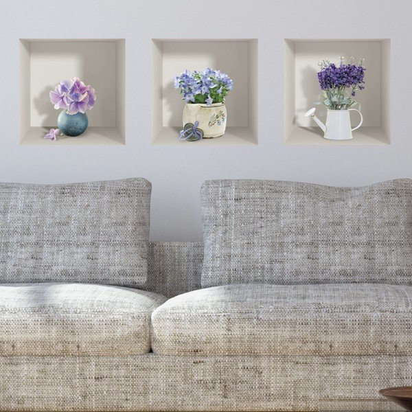 Комплект от 3 3D стикера за стена Лилави букети - Ambiance-image-1