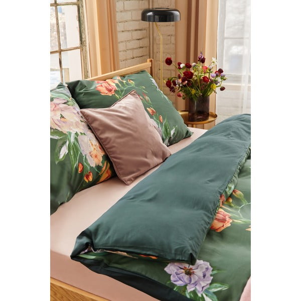 Тъмнозелено памучно спално бельо от сатен за двойно легло 200 x 220 cm Floret - Bonami Selection-image-3