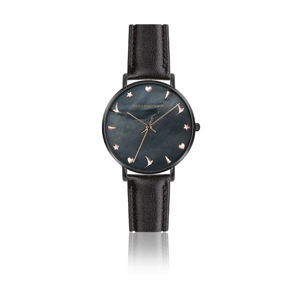 Дамски часовник с матова черна каишка от естествена кожа Noir - Emily Westwood