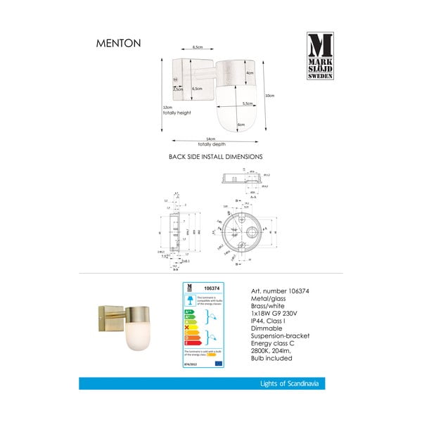 Бяла/златна стенна лампа Menton – Markslöjd-image-2