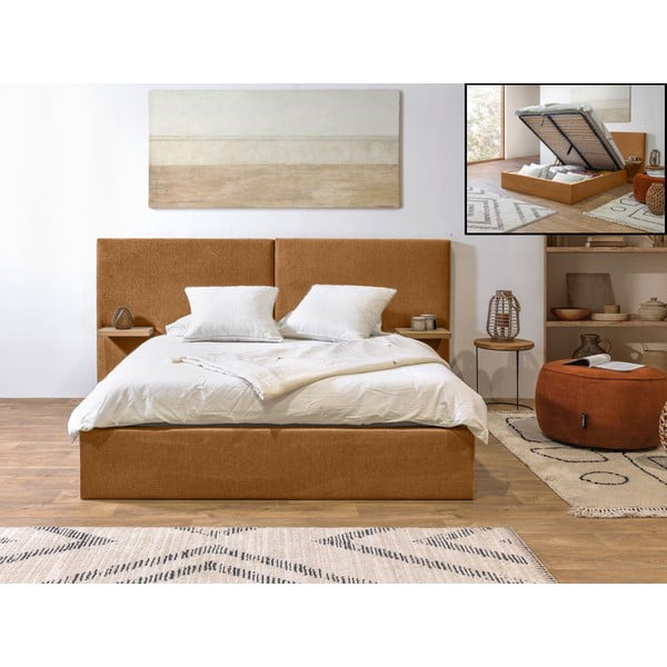 Оранжево-жълто тапицирано двойно легло със склад и решетка 160x200 cm Blandine - Bobochic Paris-image-1