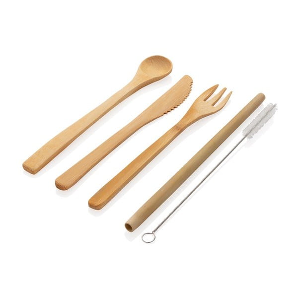 Пътуващ комплект бамбукови прибори за хранене със сламка, четка за почистване и опаковка - XD Collection-image-2