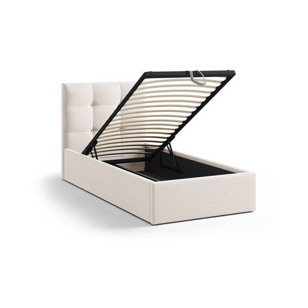 Кремаво единично легло 90x200 cm тапицирано с място за съхранение с включена подматрачна рамка Phaedra – Micadoni -image-1