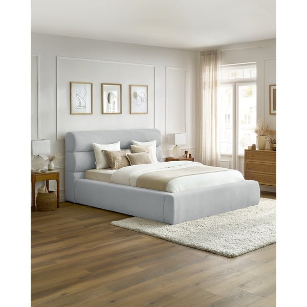 Светлосиво тапицирано двойно легло с място за съхранение с решетка 180x200 cm Jagna - Bobochic Paris-image-1