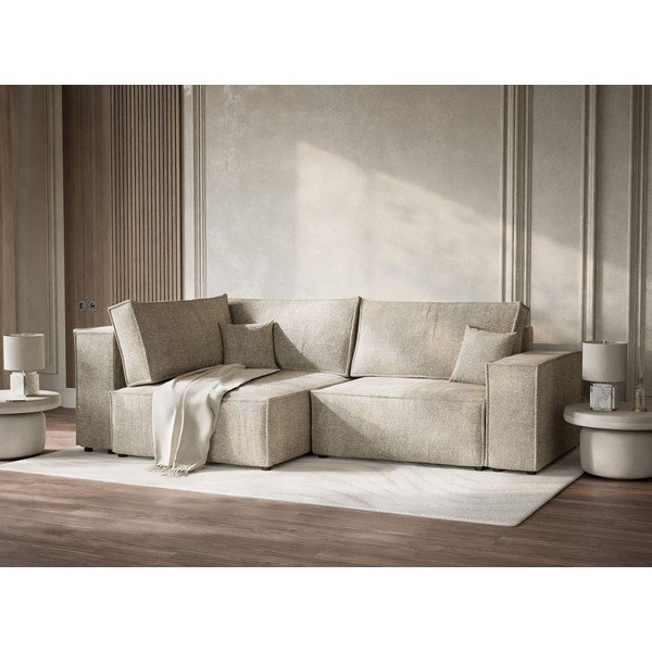 Бежов шенилов сгъваем/с място за съхранение ъглов диван (ляв ъгъл/L форма) Tonga – Maison de Rêve-image-4