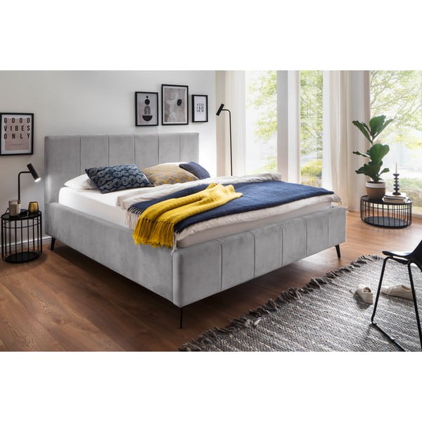 Светлосиво тапицирано двойно легло с място за съхранение с включена подматрачна рамка 160x200 cm Lizzano – Meise Möbel-image-1