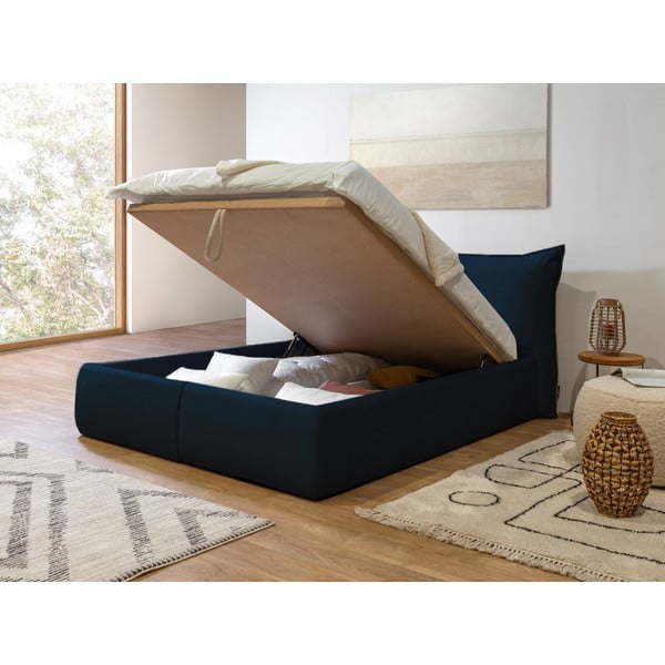 Тъмносиньо тапицирано двойно легло с място за съхранение с решетка 160x200 cm Jade - Bobochic Paris-image-4