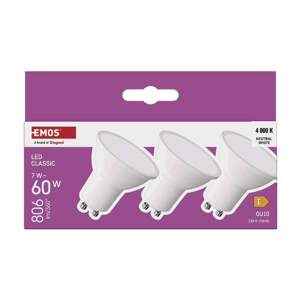 Неутрални бели LED крушки в комплект от 3 бр. GU10, 7 W – EMOS-image-1