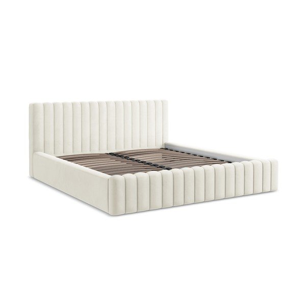 Кремаво двойно легло 160x200 cm тапицирано с място за съхранение с включена подматрачна рамка Lemi – Makamii-image-2