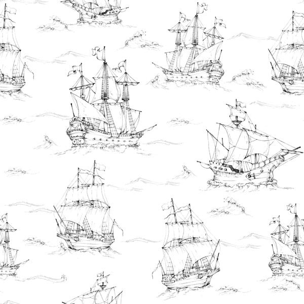 Детски тапет Черно-бели кораби, 100 x 280 cm - Dekornik