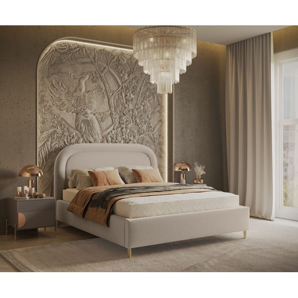 Бежово тапицирано двойно легло с място за съхранение с включена подматрачна рамка 140x200 cm Mija – Maison de Rêve-image-1