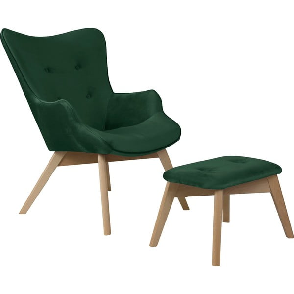 Тъмнозелен кадифен фотьойл с табуретка Niko – Ropez