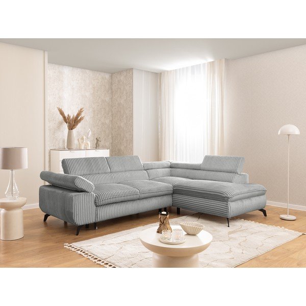 Светлосив ъглов диван от рипсено кадифе (десен ъгъл/L форма) Marbeya  – Ropez-image-1